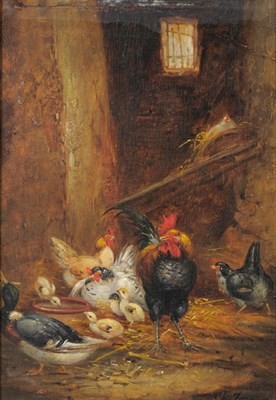 Lot 895 - Charles Jaques (1813-1894) Cockerel, hens, chicks and a duck in a barn interior Signed,...