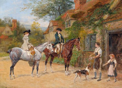 Lot 903 - Heywood Hardy ARWS, RPE (1843-1933) Lady and gentleman on horseback beside a blacksmith's forge...