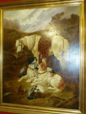 Lot 907 - Attributed to Charles Morris (19th century) Grey pony with two Setters and dead game in a...