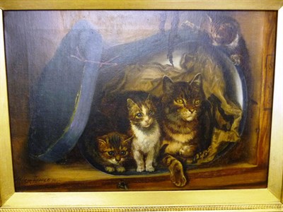 Lot 910 - Wilson Hepple (1853-1937) Cat and three kittens beside a hatbox Signed and dated 1894, oil on...