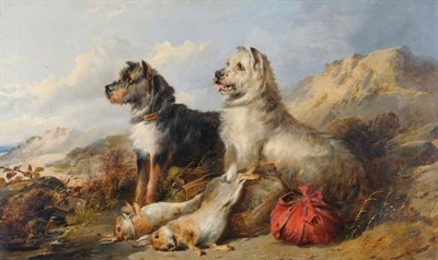 Lot 915 - William Walker Morris (fl.1850-1867) Two Cairn Terriers among sand dunes, dead game in the...