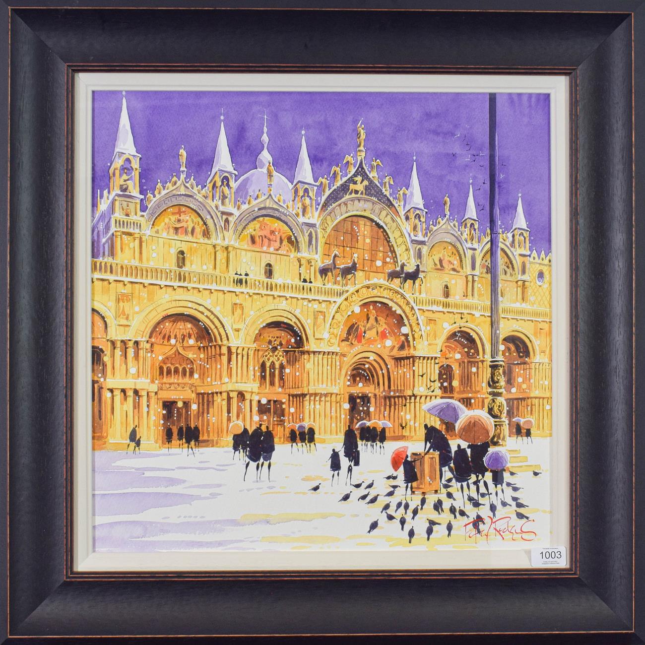 Lot 1003 - Peter J Rodgers (Contemporary) ''Snow at St Mark's, Venice'' Signed, watercolour, 50cm by 50cm...