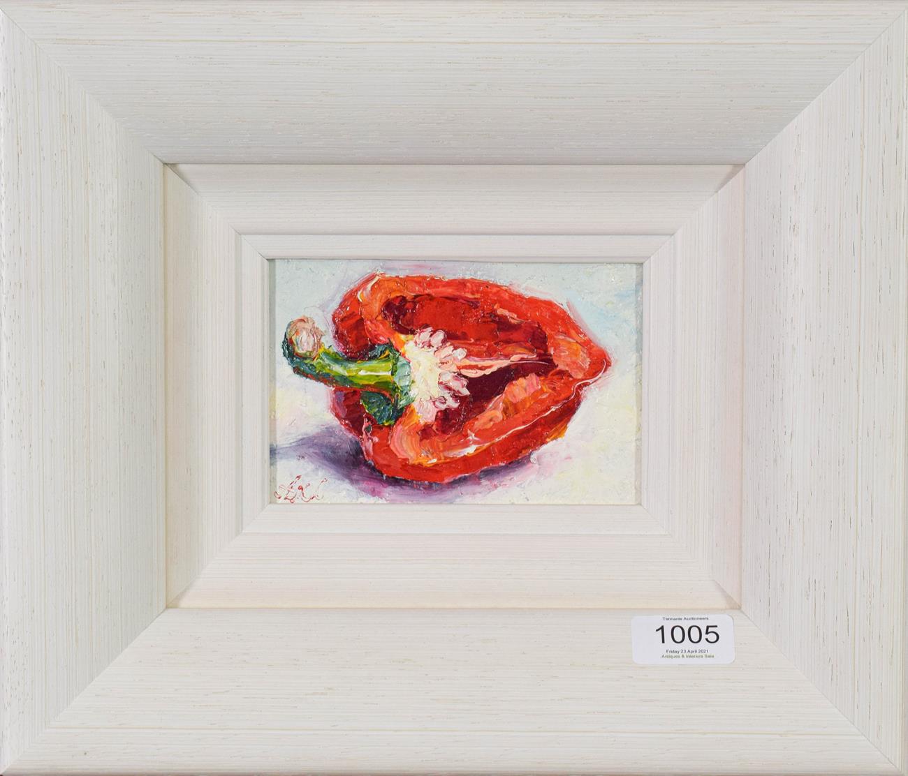 Lot 1005 - Lana Okiro (Contemporary) Ukrainian  ''A Half Red Pepper II'' Signed, oil on board, 9cm by 14cm...