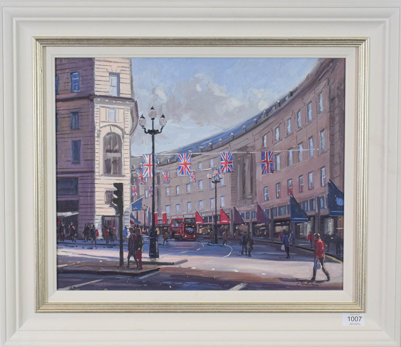 Lot 1007 - Charles Rowbotham (Contemporary) ''Afternoon Shopping, Regent Street'' Signed, oil on board, 39.5cm