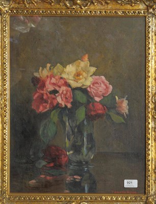 Lot 921 - Thomas Binney Gibbs (b.1870) Still life of roses in a glass vase Signed, oil on canvas, 51cm by...