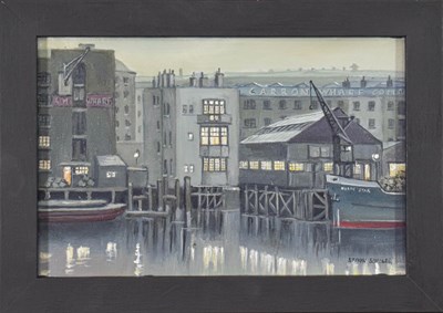 Lot 1038 - Steven Scholes (b.1952) ''Alderman Stairs, Katharine's Dock, London, 1958'' Signed, inscribed...