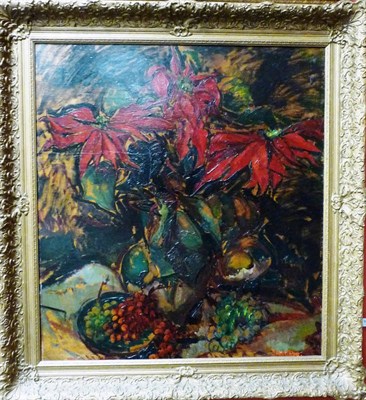 Lot 922 - James Arundel (1875-1960)  Still life of Poinsettias and fruit Signed and dated 1932, oil on board