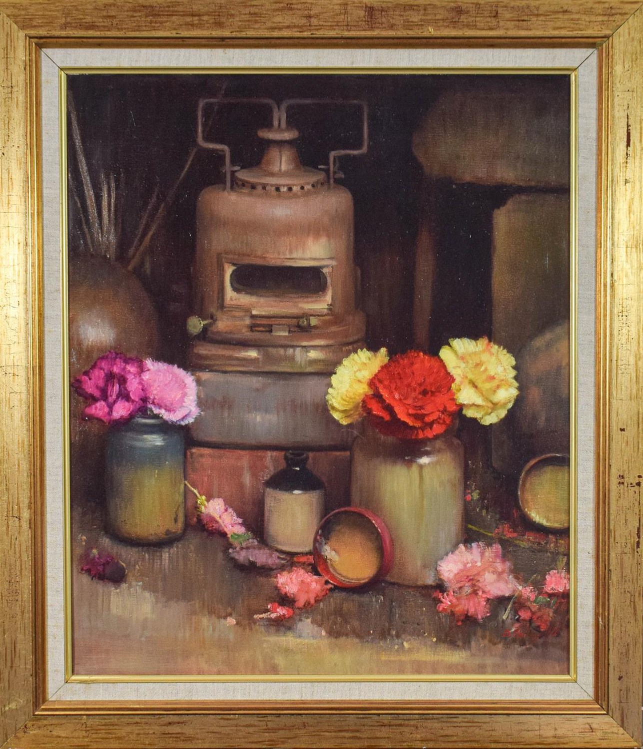 Lot 1041 - Bohuslav Barlow RA (b.1947) ''Lamp and Flowers'' Signed and dated (19)97, oil on canvas, 60cm...