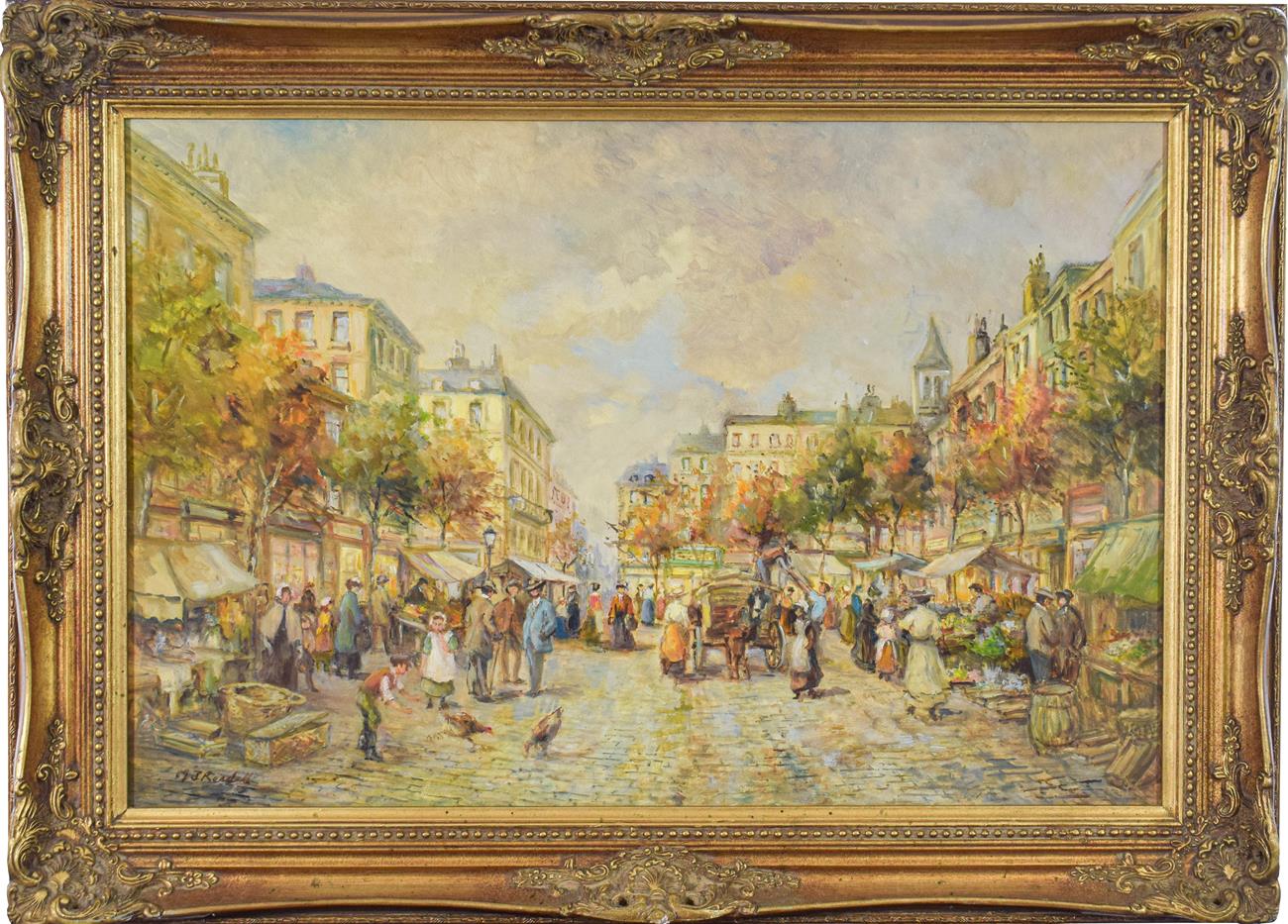 Lot 1043 - MJ Rendall (20th century) Parisian street market scene Signed oil on board, 49.5cm by 75cm...