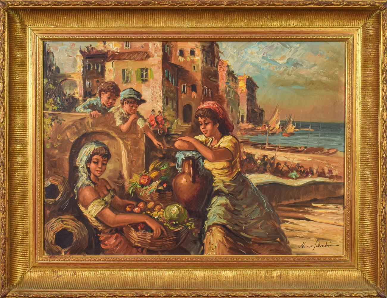 Lot 1044 - Nino Salvadori (b.1918-) The Children of Naples Signed, oil on canvas, 50cm by 70cm  Artist's...