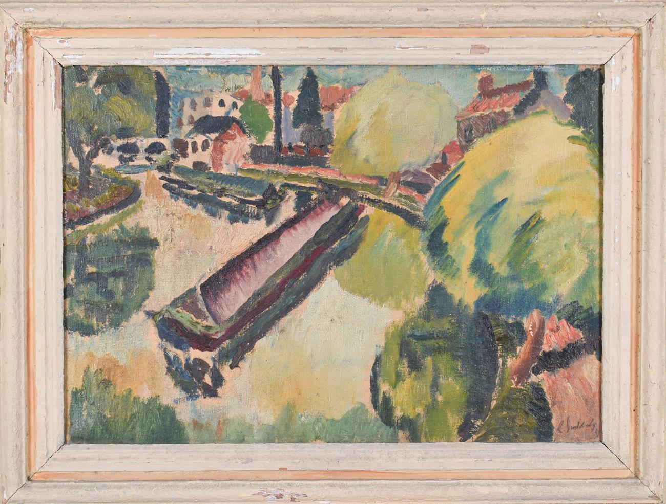 Lot 1047 - Rowland Suddaby (1912-1972) Canal boat  Signed and dated (19)45, oil on canvas, 45.5cm by...