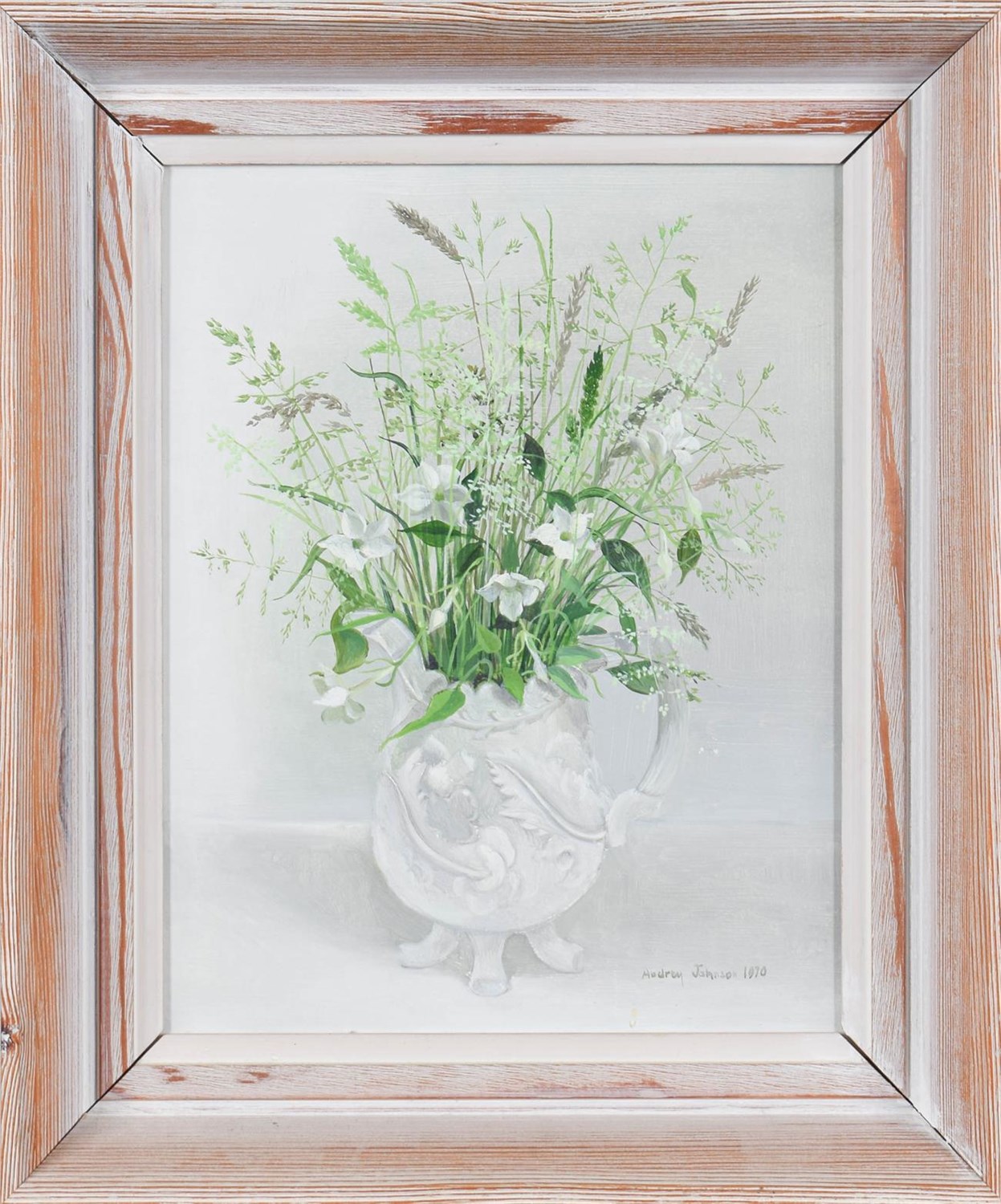 Lot 1053 - Audrey Johnson (1918-2010)  ''Grasses in a White Jug'' Signed and dated 1970, bears artist's...