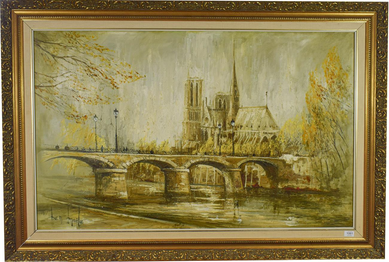 Lot 1061 - Ben Maile (b.1922) Notre Dame from the Seine Signed, oil on canvas, 75cm by 120cm  Artist's...