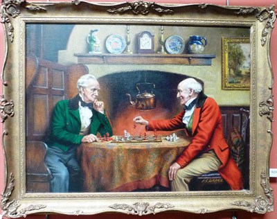 Lot 925 - Alfred Lyndon Grace (1867-1949)  "Checkmate" Signed, inscribed verso, oil on canvas, 46cm by 61cm