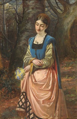 Lot 927 - Edward Charles Barnes (fl.1856-1882) Girl holding a posy of spring flowers in woodland glade...