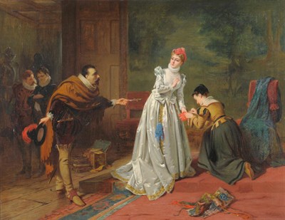 Lot 928 - Edward Charles Barnes (fl.1856-1882) Interior scene with a lady being presented with a dagger...