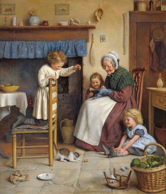 Lot 930 - Joseph Clark ROI (1834-1926) "Teasing the Kitten" Signed and dated 1876, oil on canvas, 64cm by...