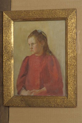 Lot 932 - English School (20th century) Portrait of a girl, half length, wearing a red dress Oil on...