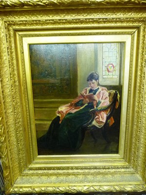 Lot 934 - Alfred Walter Bayes RE (1832-1909) "Pleasant Reading" Signed, inscribed on a label verso, oil...