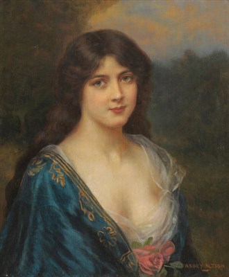 Lot 937 - Attributed to Abbey Altson (1864-c.1949)  Portrait of a girl wearing a blue dress decorated...