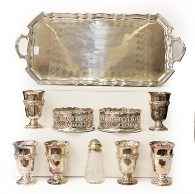 Lot 12 - A collection of assorted silver plate, including: an oblong tray; a set of silver goblets; a...