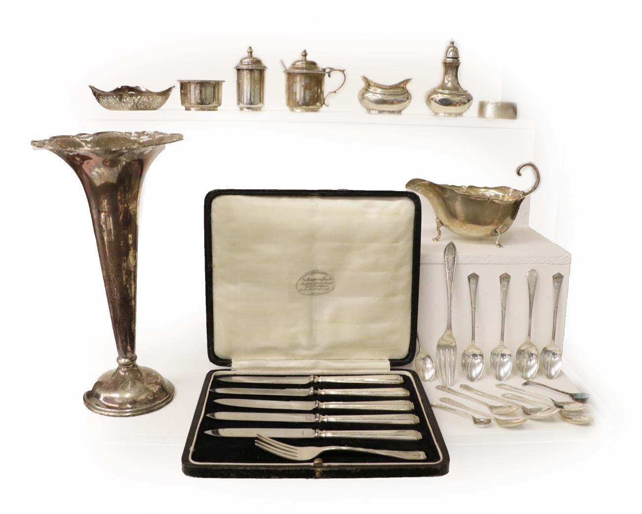 Lot 26 - A Collection of Assorted Silver, including: a trumpet shaped vase, filled; a sauce boat; an...