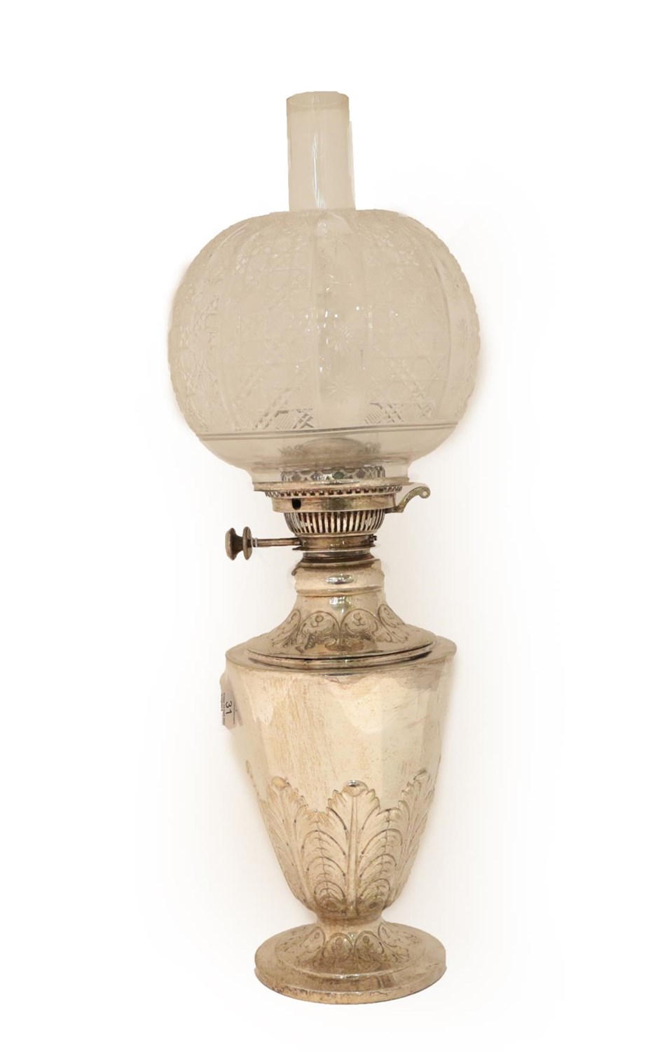 Lot 31 - A Silver Plate Oil Lamp, Probably First Quarter 20th Century, tapering and on spreading foot,...