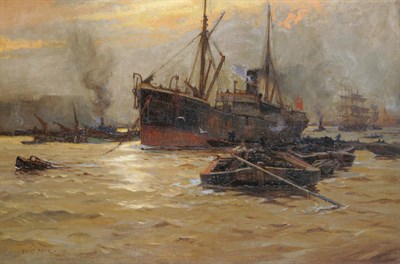 Lot 954 - Ernest Dade (1864-1934) River scene with barges and other shipping, possibly the pool of London...