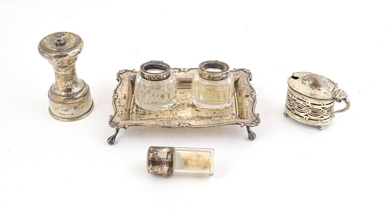 Lot 69 - A collection of silver, comprising: an inkstand, by William Aitken, Birmingham, 1903, the...
