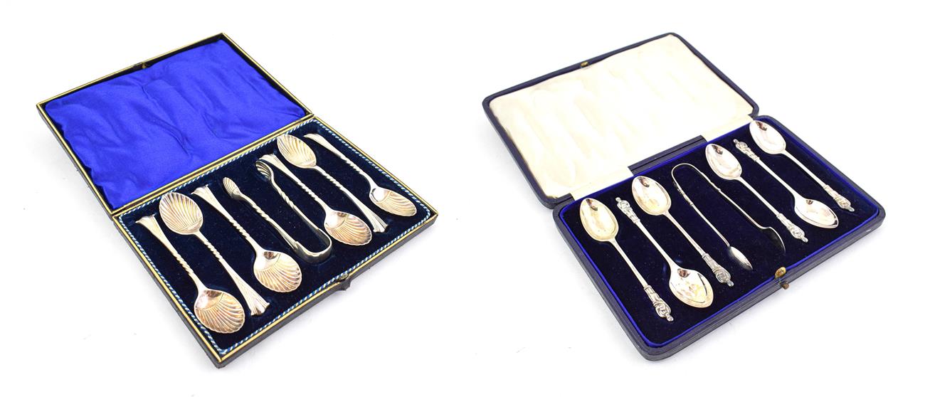 Lot 83 - Two cased sets of Teaspoons and Sugar-Tongs, One Pair Maker's Mark T.W, Sheffield, 1868, with...