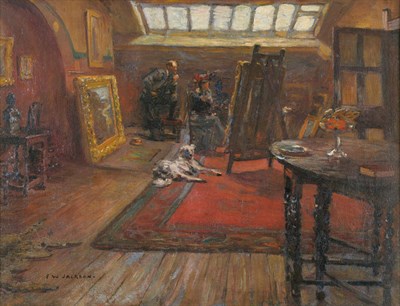 Lot 958 - Frederick William Jackson RBA, NEAC (1859-1918) The artist's studio, with a lady and gentleman...