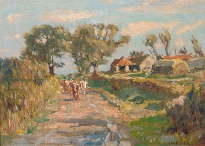 Lot 961 - James William Booth RCamA (1867-1953)  The Lane at Ellerby Signed, oil on canvas laid down, 22cm by