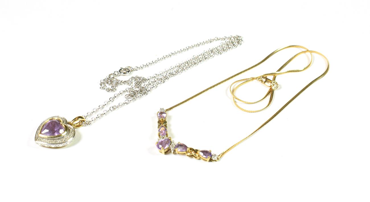 Lot 142 - A 9 carat white gold amethyst and diamond pendant on chain, chain length 46.5cm; and a 9 carat gold