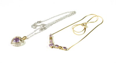 Lot 142 - A 9 carat white gold amethyst and diamond pendant on chain, chain length 46.5cm; and a 9 carat gold