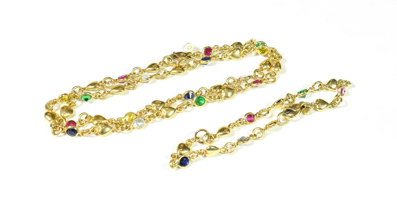 Lot 153 - A fancy link multicoloured gem set necklace, stamped 'CETAS 585', length 46cm; and a matching...