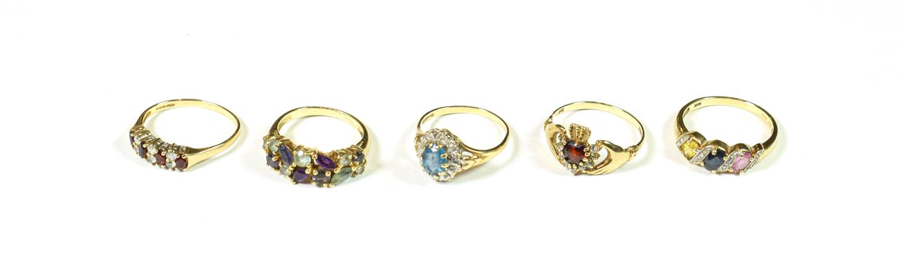 Lot 155 - Five 9 carat gold multi-gem set rings, various designs and finger sizes