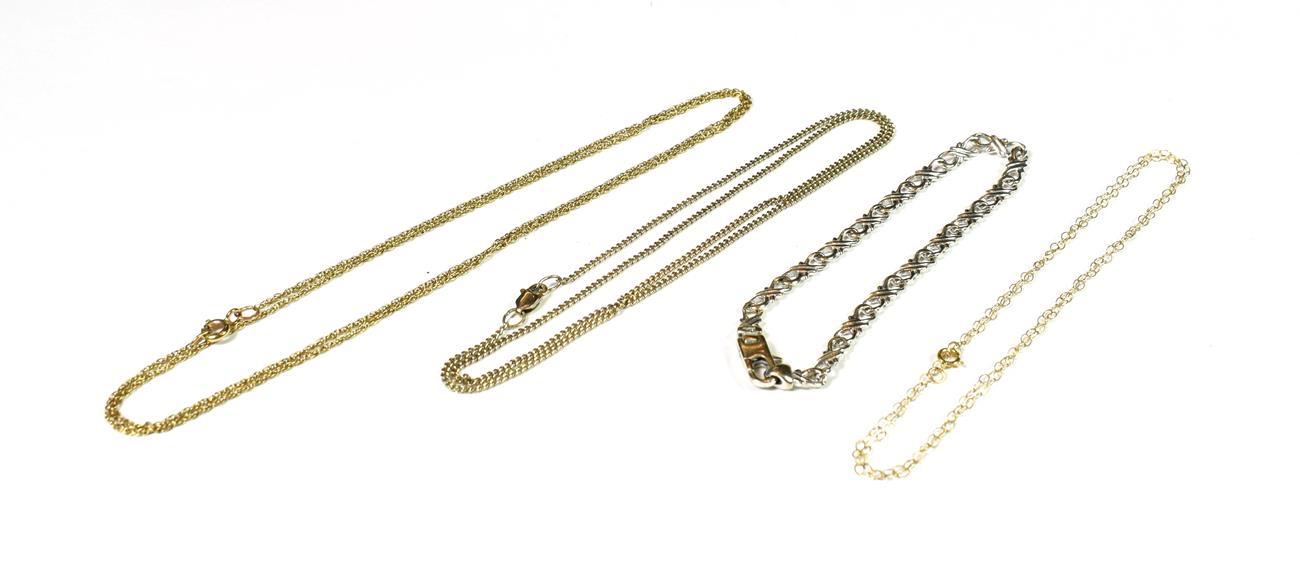 Lot 157 - A 9 carat white gold fancy link bracelet, length 19cm; two 9 carat gold necklaces; and a...