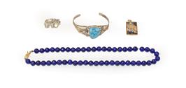 Lot 173 - A lapis lazuli bead necklace, clasp stamped '14',length 43cm; a 9 carat gold agate pendant; a...