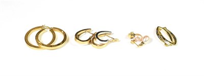 Lot 178 - Three pairs of 9 carat gold hoop earrings; and a pair of 9 carat gold cultured pearl drop earrings