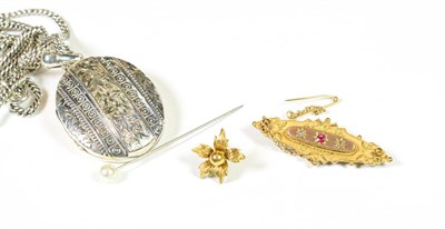 Lot 186 - A single 9 carat gold earring; a 9 carat gold brooch; and a silver locket on chain