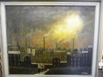 Lot 967 - Geoffrey W. Birks YWS (1929-1993)  Northern industrial town with figures on a path  Signed, oil...