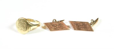 Lot 196 - A 9 carat gold signet ring, finger size S; and a pair of cufflinks, stamped '9CT'
