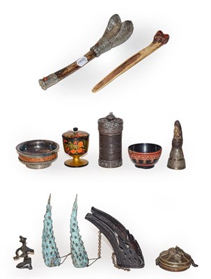 Lot 227 - A white metal mounted dish, two items of lacquerware, a bone and white metal mounted flute with...