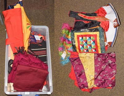 Lot 228 - Assorted textiles and costume, including Thangka etc (one box)