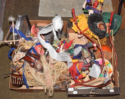 Lot 229 - Assorted masks, puppets, stands etc (two boxes)
