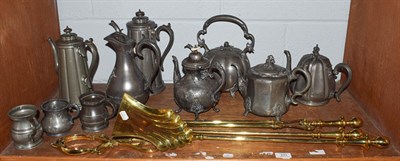 Lot 231 - A quantity of metalwares including Pewter, brass fire irons and a wicker basket (two shelves)