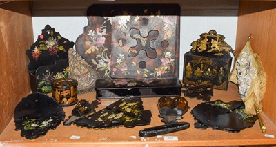 Lot 252 - A quantity of Victorian and later papier mache items, mainly with chinoiserie decoration...