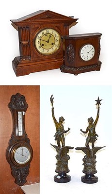 Lot 276 - An oak cased mantel clock with Junghans movement, a mahogany mantel timepiece, a pair of French...