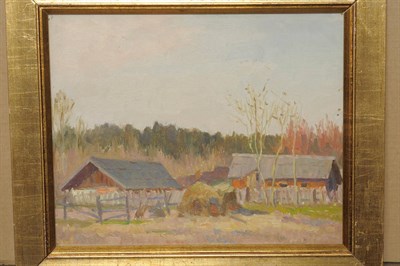 Lot 976 - Nikolai Fedorovich Bortnikov (b.1916) Russian "Farmyard" Extensively inscribed on various...