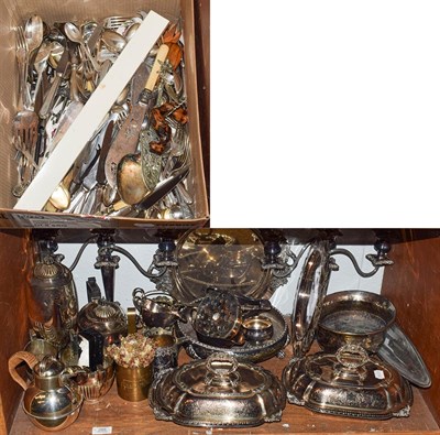 Lot 285 - A quantity of silver plated items including a pair of entree dishes, pair of three branch...